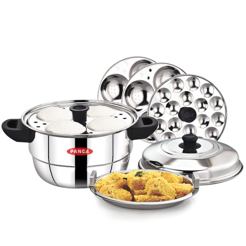 PANCA Idli Maker Stainless Steel Idli Cooker, Idli Steamer, Idly Pot, Dhokla Maker and Mini Idli Plate (Silver, 12 Idli 5 Plate Idli Kadai)