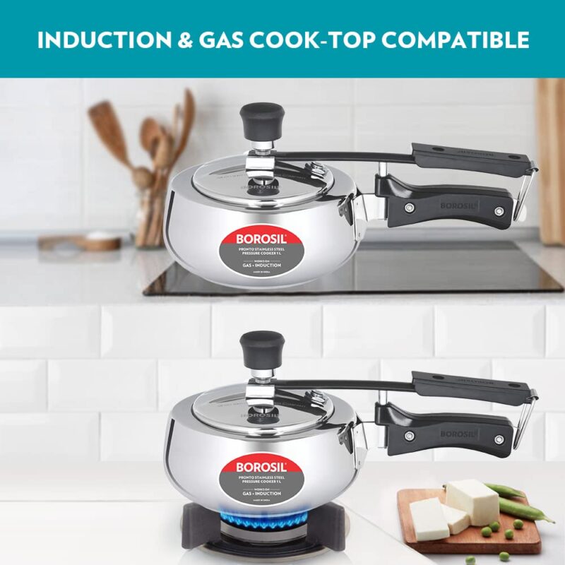 Borosil Pronto 1 L Inner Lid Stainless Steel Pressure Cooker | 6.8 mm Thick Base, Even Heat Distribution | Gas & Induction Campatible | 5 Years Warranty - Image 5
