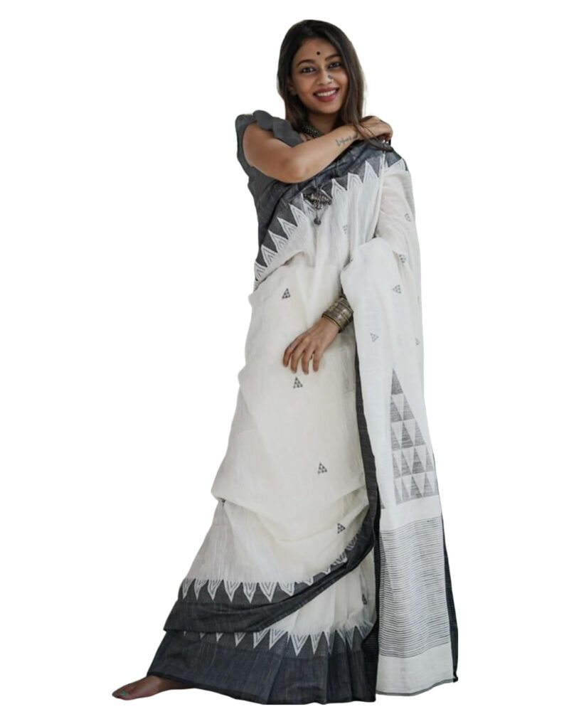 SIRIL Women's Cotton Silk Jamdani Jacquard Saree With Unstitched Blouse Piece (3684S132_White Black)