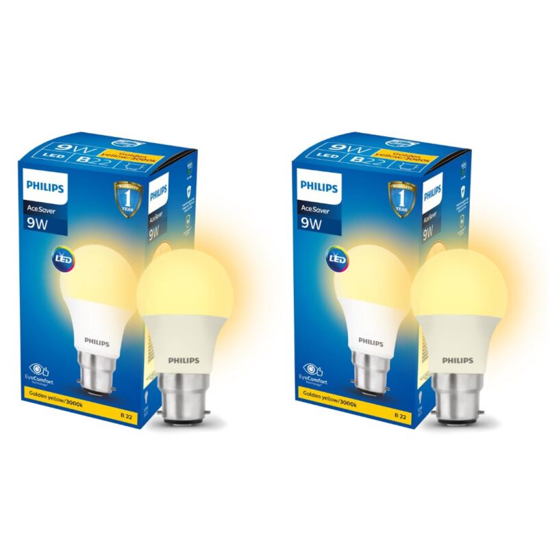 PHILIPS 9W B22 LED Warm White/Yellow Bulb, Pack of 2