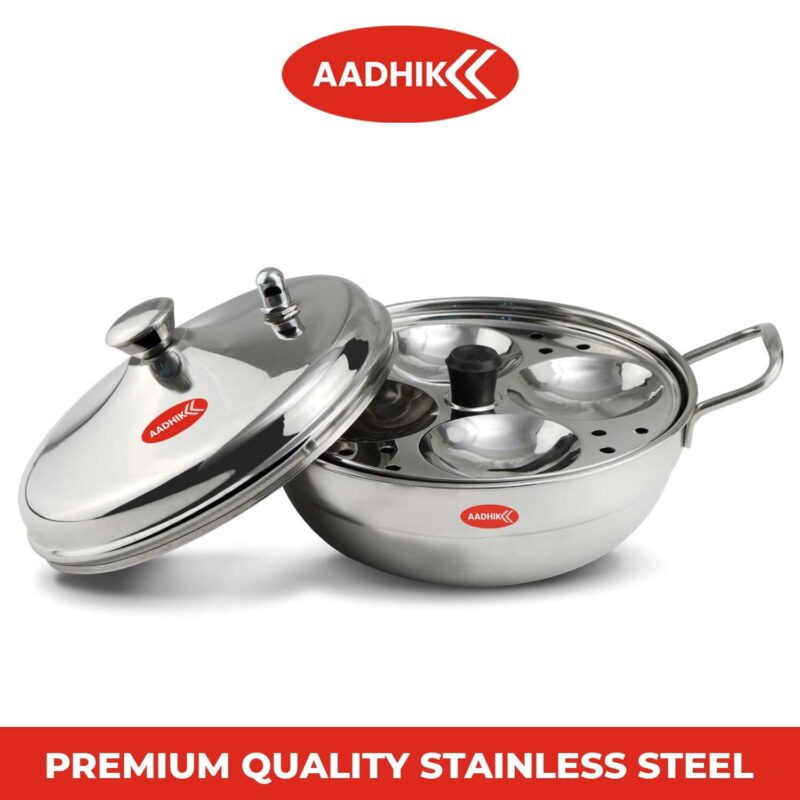 Aadhik Stainless Steel Multi Purpose Kadai with Steel Lid, Idli Maker 2 Idli Plate 8 Cavity Idli Cooker Stainless Steel Idly Pot with Steamer, Silver - Image 5