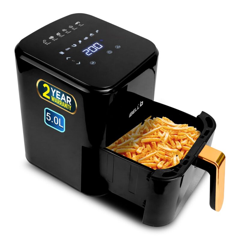 iBELL AF500M Air Fryer 5 L, Digital Fryer with 7 Cooking Presets, Full Touch Controls, Smart Rapid Air Technology, Timer Function with Auto off & Fully Adjustable Temperature Settings (Black)