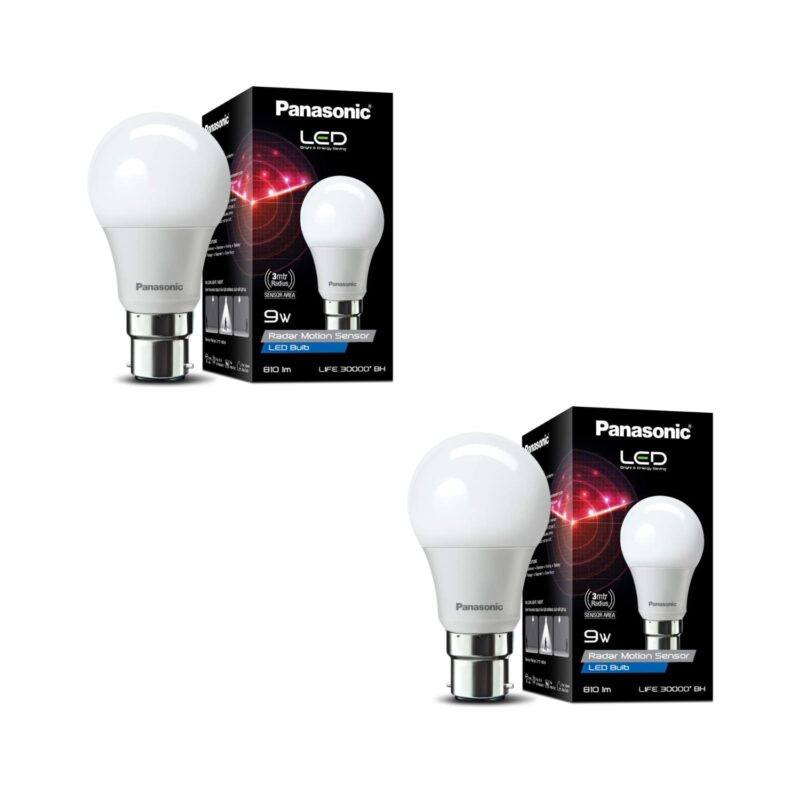 Panasonic 9 Watt Motion Sensor B22 Led Bulb for Home with 3 Mtr Radius Sensor Area, Auto Off After 15 Sec Comes with 25000 Bh Life and 1 Yr Warranty (Pk2)