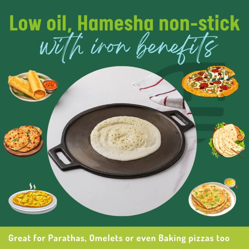 Earthfit Cast Iron Dosa Tawa (12"/ 30 cm) is Perfect Choice for Making Dosa, Uthappam, Roti & Chapatis. The Pre Seasoned Dosa Tawa Design is Compatible with Gas Stove, Oven & Camp Fire - Image 5