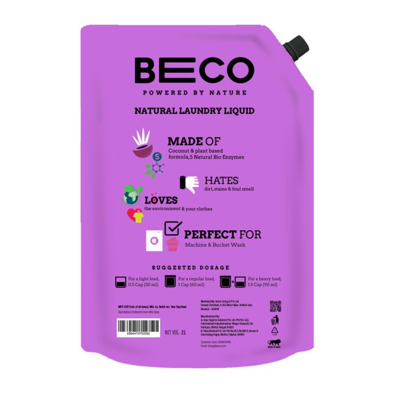 Beco Matic-Front Load Natural Laundry Liquid Detergent| 2 Litre Super Value Refill | Natural Formula for Tough Stain Removal & Fabric Care | No Harsh Chemicals | 100% Ecofriendly - Image 2