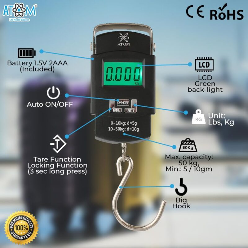 ATOM A 302 Electronic Digital Hanging Stainless Steel Hook Luggage Portable Scale with LCD Display for Industrial Fishing Factory Use Capacity 50Kg - Image 6