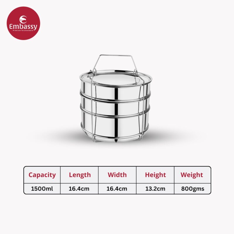 Embassy Stainless Steel Cooker Separator | Suitable for 5 Litres Prestige Popular and Popular Plus Outer Lid Pressure Cookers | 3 Containers With Lifter | Dimension 17x17x15 cm - Image 3