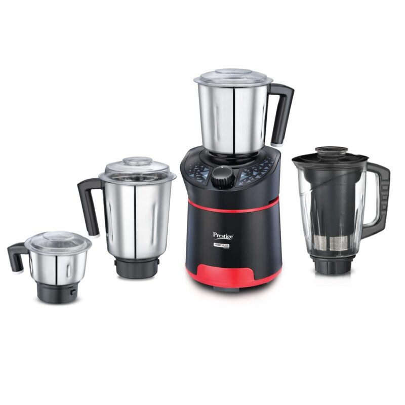 Prestige Hercules 1000W Mixer Grinder with 3 Stainless Steel jars & 1 Juicer jar|Flow-Breaker Design|Sturdy Handles|4 Super Efficient Blades|Black & Red