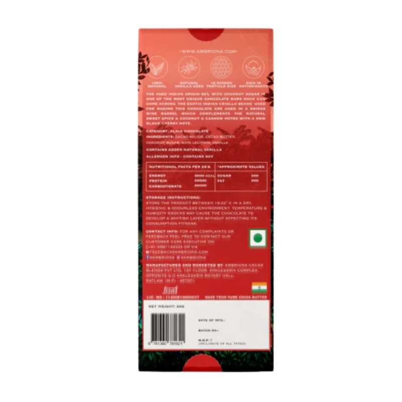 Ambriona 85% Aged India Single Origin Dark Chocolate, Vegan & Gluten Free Chocolates Bar, 50 gm - Image 3