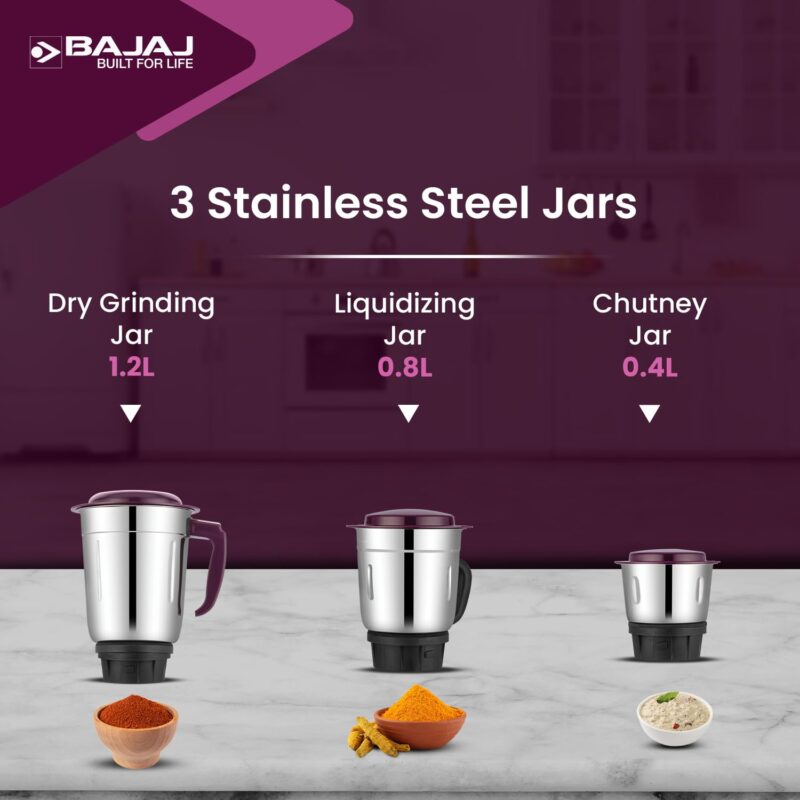 Bajaj Rex Mixer Grinder 500W|Mixie For Kitchen With Nutri-Pro Features|3 SS Mixer Jars For Heavy Duty Grinding|Adjustable Speed Control|Multifunctional Blade System|2 Year Warranty By Bajaj|Purple - Image 4