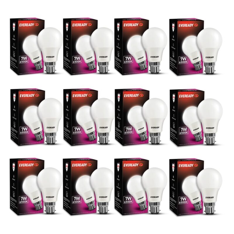 Eveready 7W Led Light Bulb | High Efficiency & Glare-Free Light | Pack Of 12 | With Li-Ion Battery Inside | 7 Hours Battery Backup | Overcharge Protection| Cool Day Light (6500K) - B22D