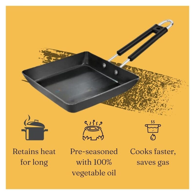 Being One Japanese Omelette Pan| Small Pan For Omelette| Square Frying Pan Mini Frying Pan Iron Omelette Pan With Steel Handle | Egg Pan| Coating Free Cookware | - 1 Count, Black - Image 6