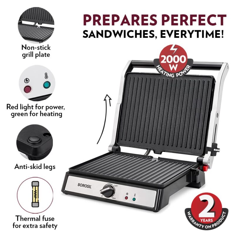 Borosil Super Jumbo Grill Sandwich Maker | Can Make 4 Sandwich At a Time | 2000W Electric Toaster Maker | Non-Stick Coating Plates Opens to 180°, BPA & PTFE Free | Power Indicators | 2 Year Warranty - Image 5