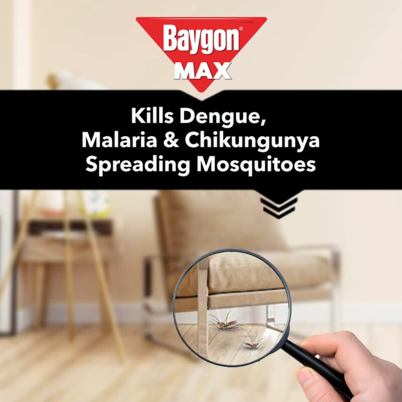 Baygon Max Mosquito and Fly Killer Spray, 625ml | Instant Mosquito Killer | Kills Dengue & Malaria Spreading Mosquitoes | With Double Nozzle Technology for 30% Wider Coverage - Image 5