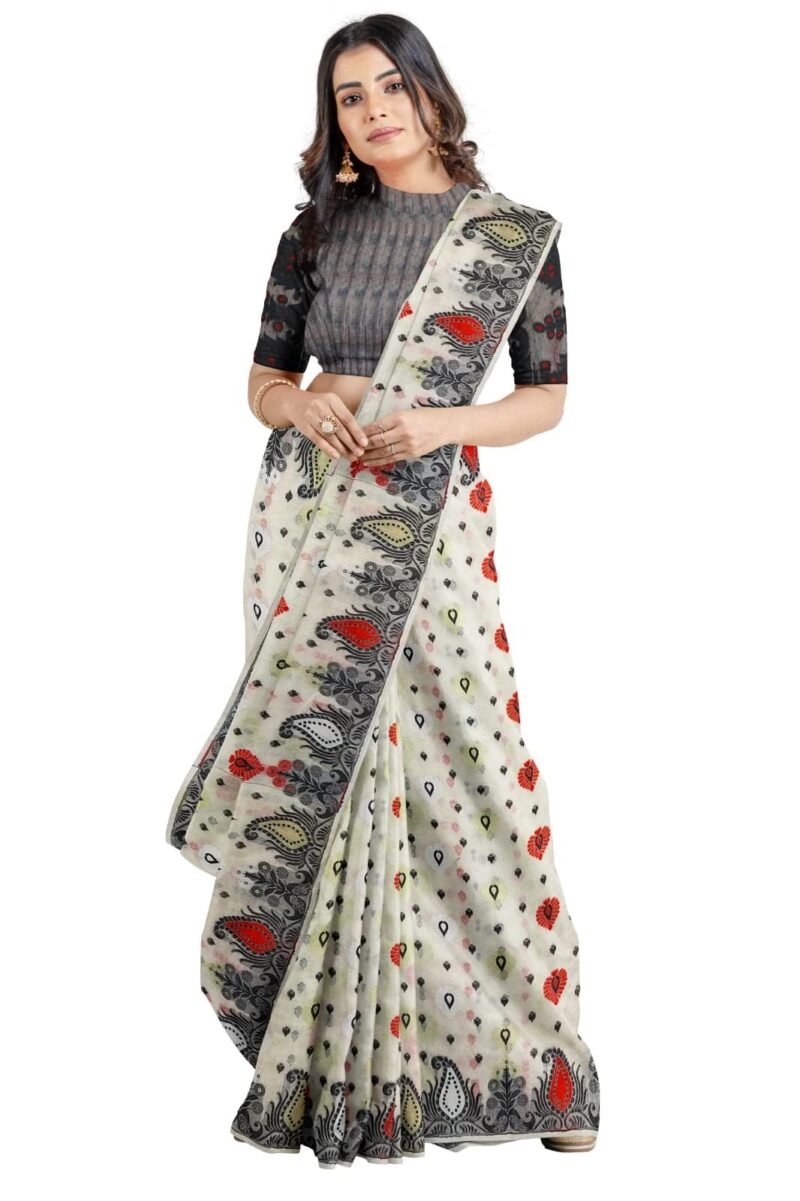 Saree Niketan Women's Traditional Bengal Cotton Silk Jamdani Saree (white)
