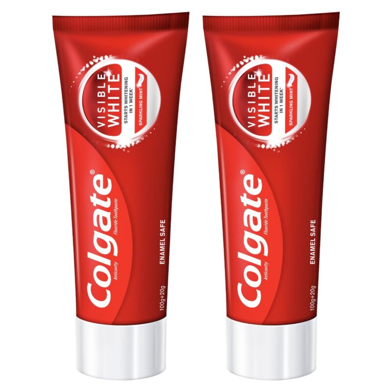 Colgate Visible White Toothpaste, Teeth Whitening Starts in 1 week, Safe on Enamel, Stain Removal Tooth Paste and Minty Flavour for Fresh Breath (200g + 40g, Combo Pack)