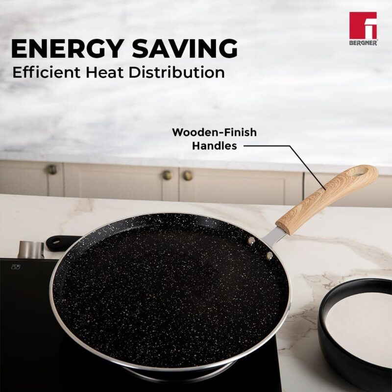 Bergner Bellini Plus Aura 5-Layer Non-Stick 28 cm Dosa Tawa, Soft Touch Wooden Finish Handle, Food Safe, PFOA Free, Even Heat Distribution, 4mm Thickness, Induction Bottom, 1-Year Warranty - Black - Image 8