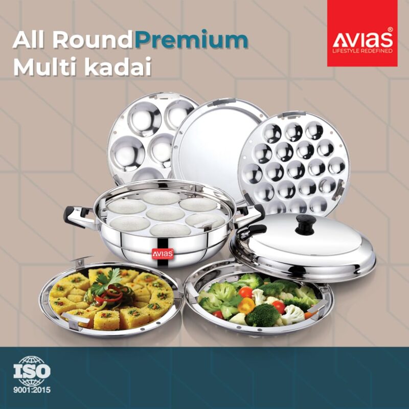 AVIAS All Rounder Premium Stainless Steel Induction Friendly Multipurpose Kadai, Kadhai Set with 6 Plates (1 Mini Idly Plate, 2 Big Idli Plates-14 Idlies, 2 Dhokla Plates, 1 Steamer Plate) - Image 5