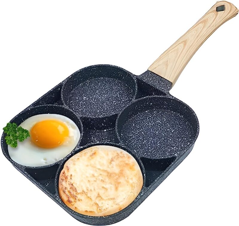 VDNSI Non Stick Frying Pan 4 Hole Ceramic Pan for Cooking Non Stick Egg Frying Pan with Wooden Handle Non Stick Omelette Pan Iron Cooking Pans for Kitchen (1pcs) (Black)