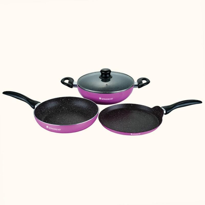 Athena Aluminium Non-Stick Cookware Set of 4 | Kadhai with Glass Lid 24cm, Fry Pan 24cm & Dosa Tawa 25cm | Induction Friendly Cookware | Cool Touch Bakelite Handle | Pure Grade Aluminium | PFOA Free | 2 Year Warranty | Pink - Image 2