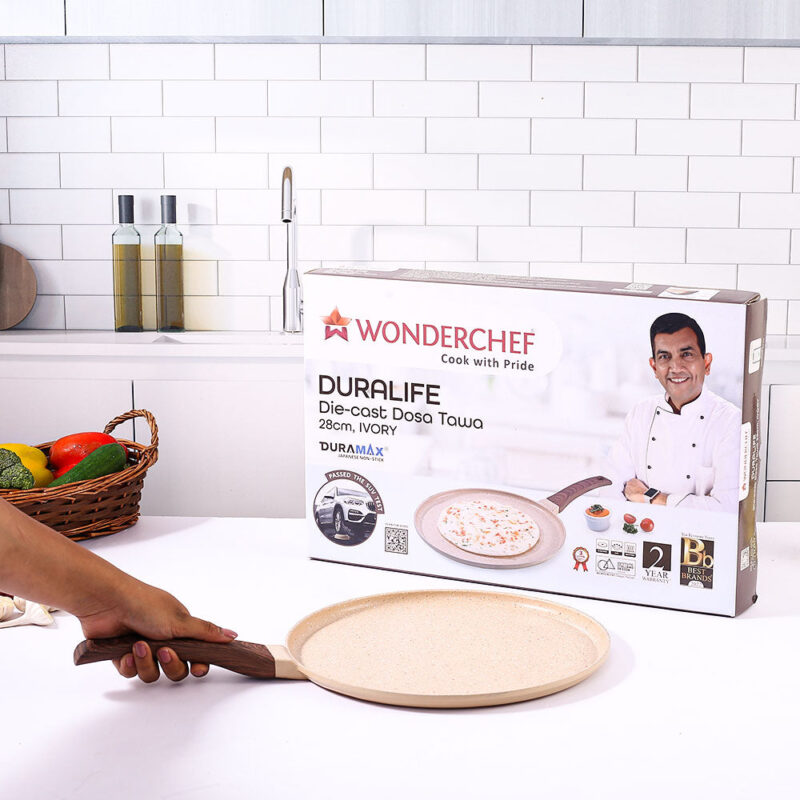 Duralife Die-cast 28 cm Dosa Tawa | 5 Layer Healthy Duramax Non-Stick Coating | Soft Touch Handle | Pure Grade Aluminium | PFOA Free | 2 Year Warranty | Ivory - Image 7