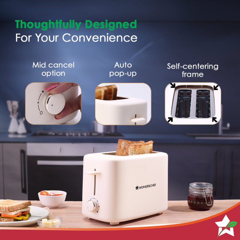 Bellagio 2-Slice Pop-up Toaster with Lid Cover | 800 Watt | 2 Bread Slice | 6- Level Browning Controls|Wide Bread Slots| Auto Shut Off | Easy to Clean| White| 2 Year Warranty - Image 3