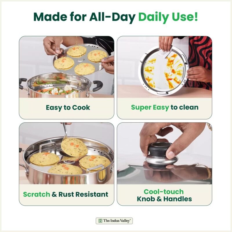 4 Pit Tri-Steel Premium Stainless Steel Idli/ Dhokla/ Momo Maker/ Multi Pot/ Veg Steaming Set, Tri-ply Induction Bottom, 5 Plates, 3L - Image 7