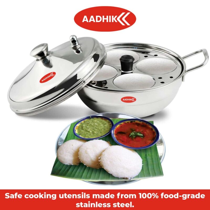 Aadhik Stainless Steel Multi Purpose Kadai with Steel Lid, Idli Maker 2 Idli Plate 8 Cavity Idli Cooker Stainless Steel Idly Pot with Steamer, Silver - Image 4