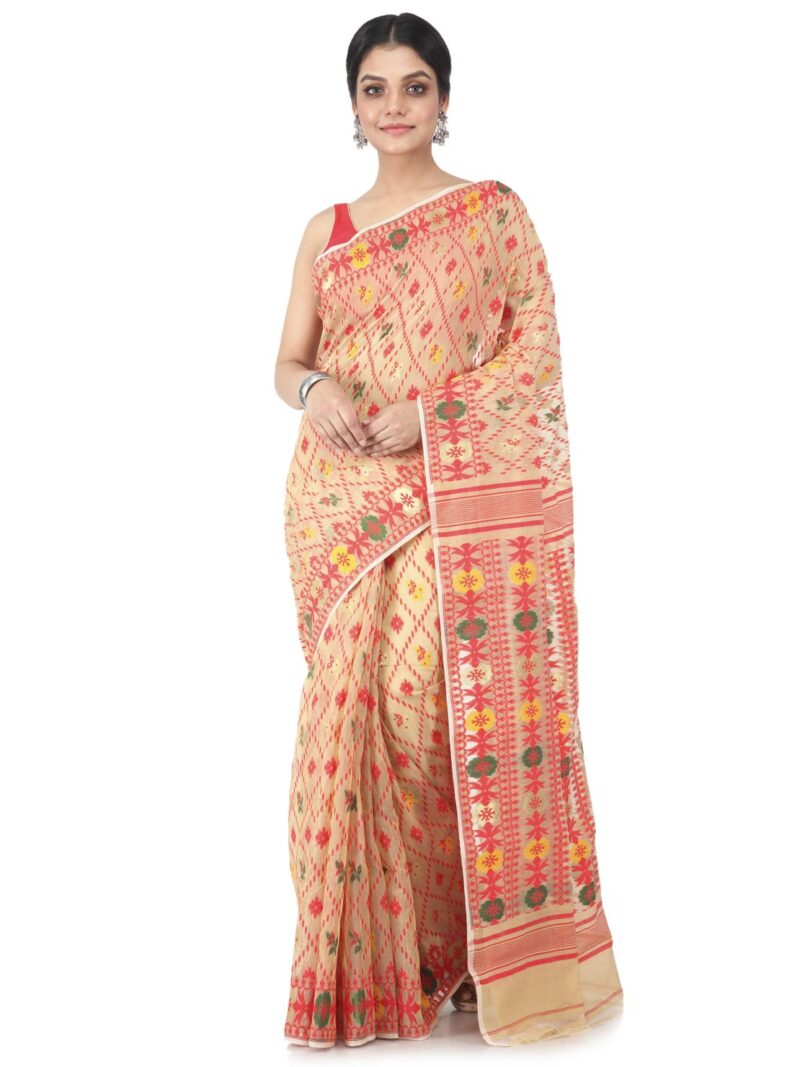 PinkLoom Women's Soft Cotton Jamdani Saree Without Blouse Piece, Beige, Gb156