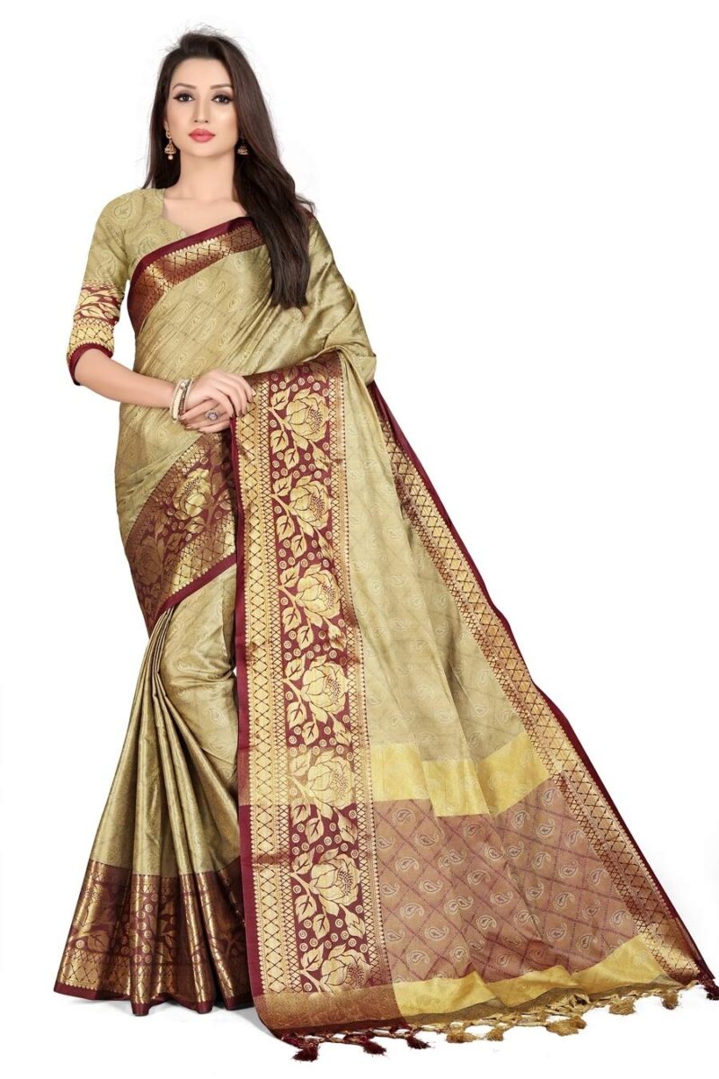 leeza store Banarasi Cotton Silk Kanjivaram Style Saree With Blouse Piece (Cream Color_Free Size)