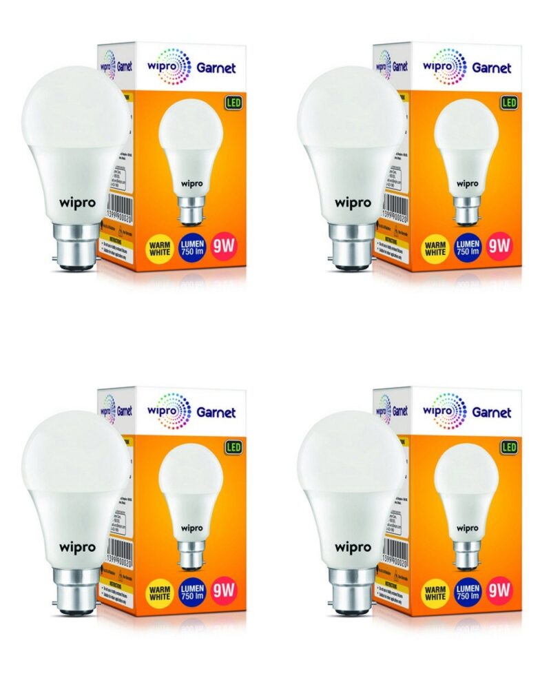 wipro Garnet 9W LED Bulb for Home & Office |Warm White (2700K) | B22 Base|220 degree Light coverage |4Kv Surge Protection |400V High Voltage Protection |Energy Efficient | Pack of 4