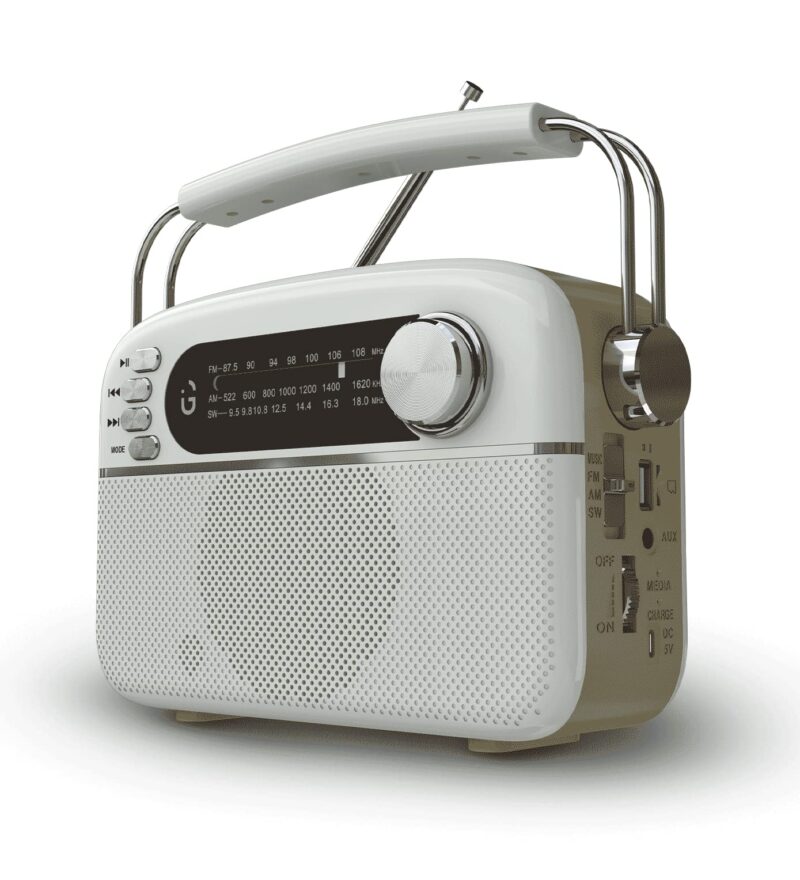 iGear Evoke Retro Modern style Radio and MP3 player with FM/AM/SW, 3 bands, Bluetooth speaker, USB, TF/SD Card, 1200mAh rechargeable battery, Solar charger, Material ABS and Metal, Colour Pearl White and Champagne Gold, 1 Year Free replacement warranty.