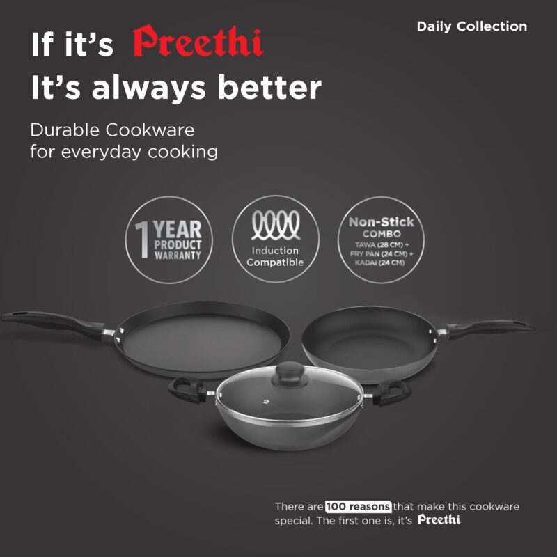 ‎Preethi Dura Collection Non Stick Set, 28 cm Tawa, 26 cm Frying Pan, 26 cm Kadai, with Glass Lid, Gas & Induction Compatible, 5 Star Non Stick Effect, Chilly Red - Image 3