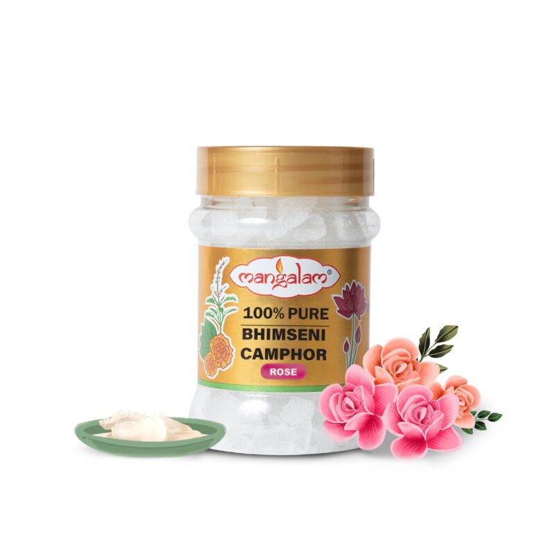 MANGALAM Bhimseni (Rose) Camphor 100g Jar - Pack of 1 | 100% Pure | for Puja, Aromatherapy & Air Freshener | Sweet Fragrance