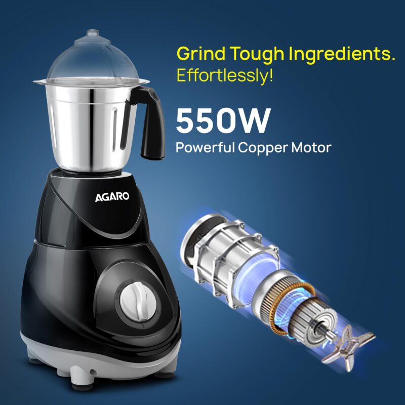 AGARO Elite Mixer Grinder 550W, 100% Copper Motor, 3 Stainless Steel Jar, 3 Speed, Whip Function, Stainless Steel Blades, Wet & Dry Grinding, Black - Image 5