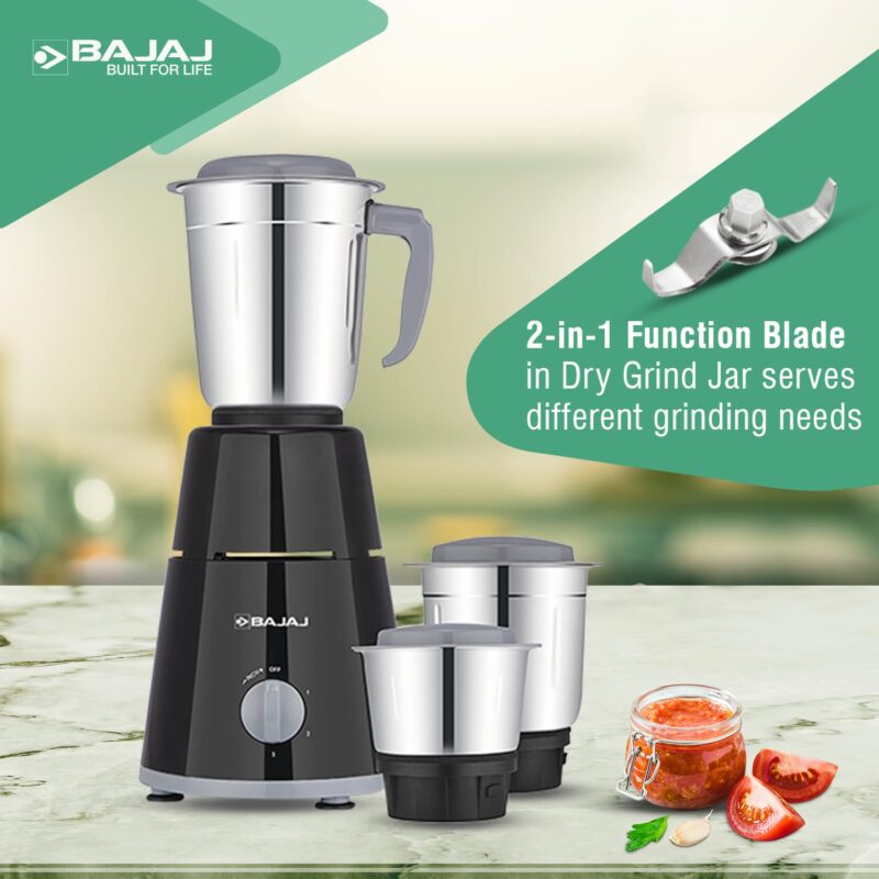 Bajaj GX-1 Mixer Grinder 500W|Superior Mixie For Kitchen|2-in-1 for Dry Grinding| Blade Function With Titan Motor|3 Stainless Steel Mixer Jars|1 Year Product Warranty By Bajaj|Black - Image 5