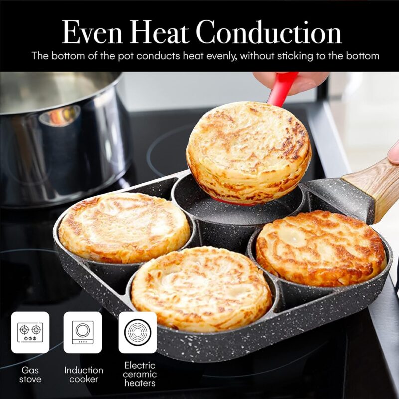 ECAPT Non Stick Grill Pan Mini Pan Uttapam Tawa Aluminum Multi Snack Maker 4 Cavity Egg Frying Pancake Maker (Black) - Image 9