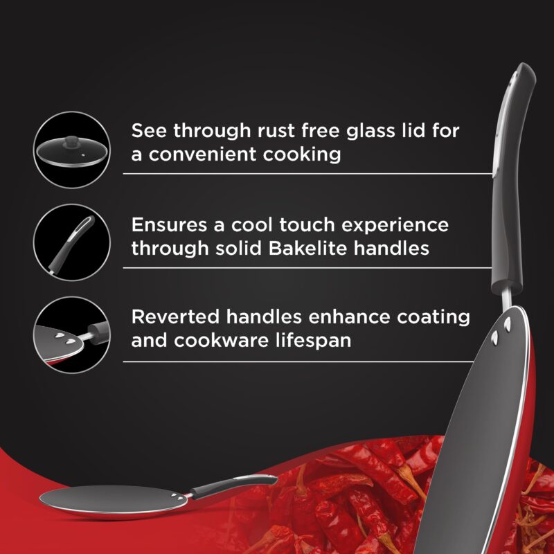 ‎Preethi Dura Collectiona Non Stick Concave Tawa, 28 cm, Gas & Induction Compatible, 5 Star Non Stick Effect, Chilly Red - Image 4