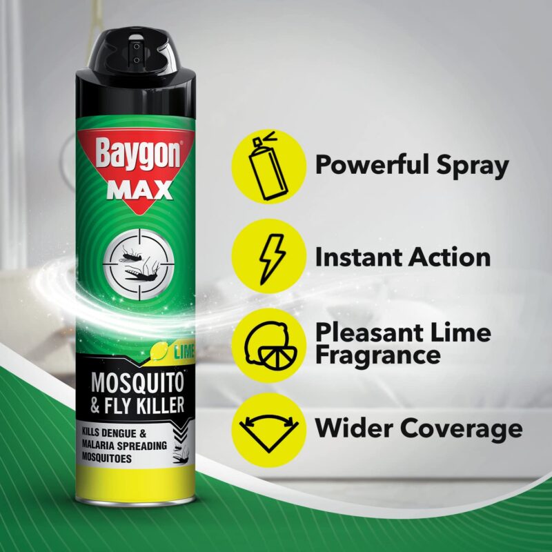 Baygon Max Mosquito and Fly Killer Spray, 400ml | Lime Fragrance | Instant Mosquito Repellent | Kills Dengue & Malaria Spreading Mosquitoes | With Double Nozzle Technology for 30% Wider Coverage - Image 4