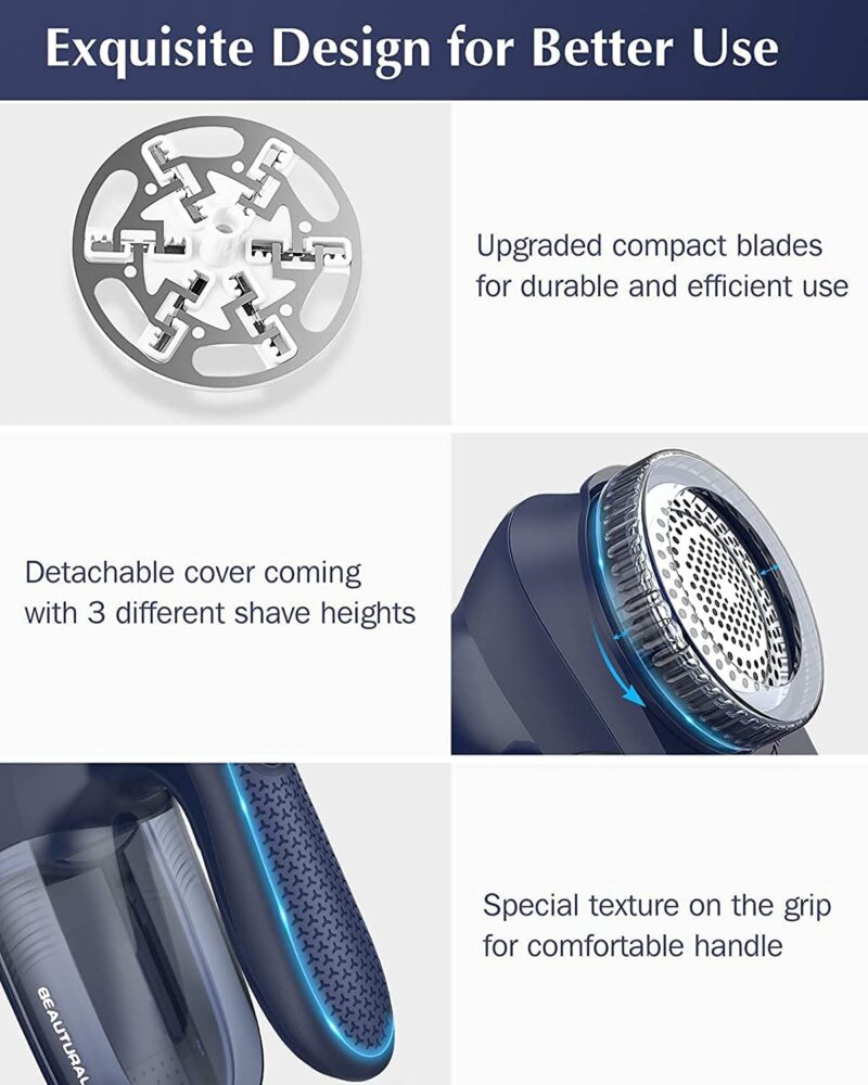 BEAUTURAL Sweater Fabric Shaver Home-Edition, Powerful & Efficient Lint Remover for Clothes and Furniture, AC Adapter or Battery Powered Pill Fuzz Remover Dark Blue - Image 6