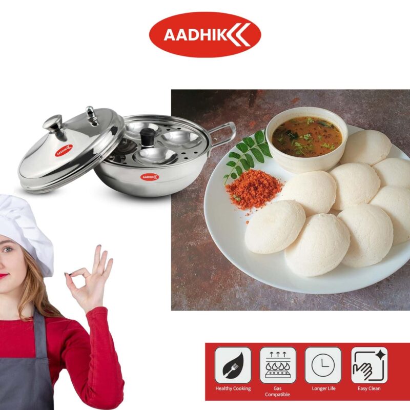 Aadhik Stainless Steel Multi Purpose Kadai with Steel Lid, Idli Maker 2 Idli Plate 8 Cavity Idli Cooker Stainless Steel Idly Pot with Steamer, Silver - Image 6