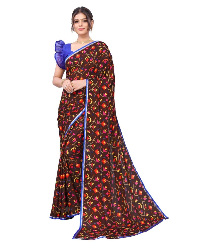 Tarshika Women's Brown Floral Printed Georgette Saree with lace border(RAVAN BROWN_W_Free Size)