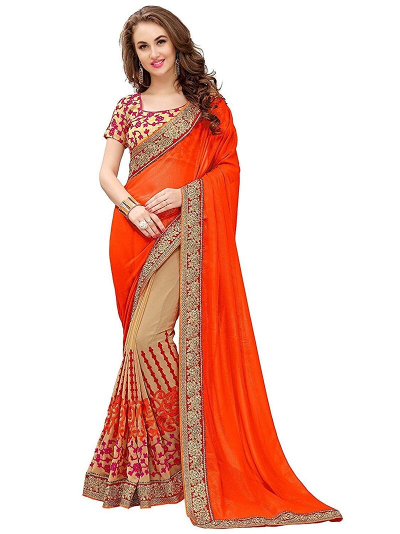 Nena Fashion Women's Synthetic Saree With Blouse (orange lycra sari_Orange_Free Size_ orange)