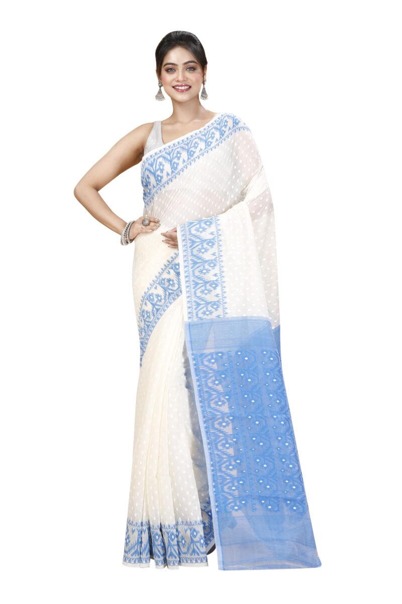 Tant Vastra Women’s Soft Resham Dhakai Ball Work Jamdani Saree without Starch And Without Blouse Piece (Steel) (White-Light Blue)