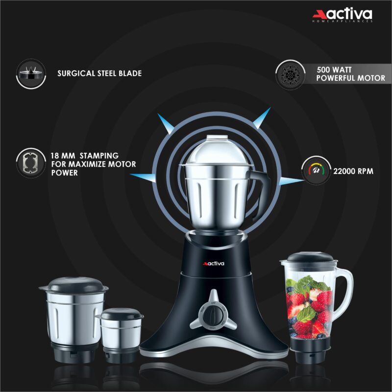 ACTIVA ABS Super Chef 900 Watts Powerful Motor Mixer Grinder With 4 Jars | 2 Years Motor, Black - Image 10