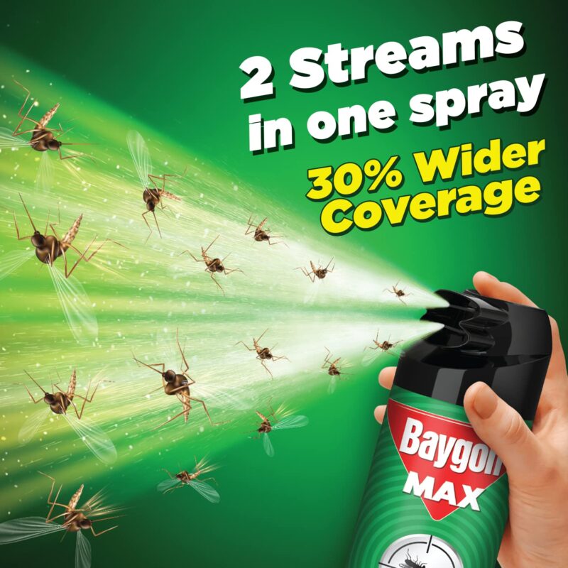 Baygon Max Mosquito and Fly Killer Spray, 625ml | Lime Fragrance | Instant Mosquito Repellent | Kills Dengue & Malaria Spreading Mosquitoes | With Double Nozzle Technology for 30% Wider Coverage - Image 8