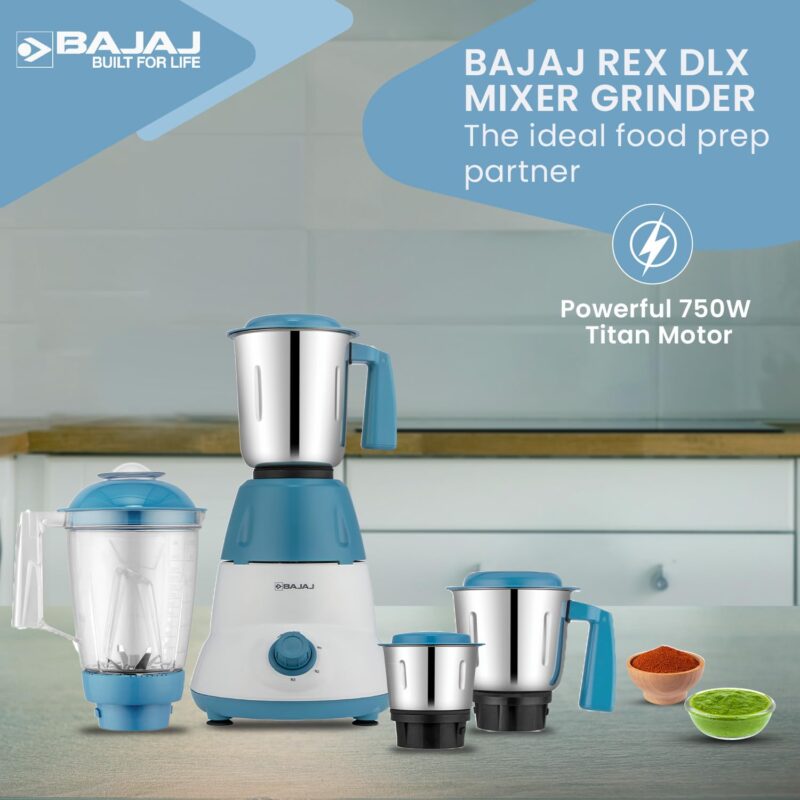 Bajaj Rex Dlx Mixer Grinder 750 Watts Mixie For Kitchen With Nutri-Pro Feature|4 Stainless Steel Mixer Jars|Multifunctional Blade Dry & Wet Grinding Overload Protector|1-Yr Warranty|White/Blue - Image 7