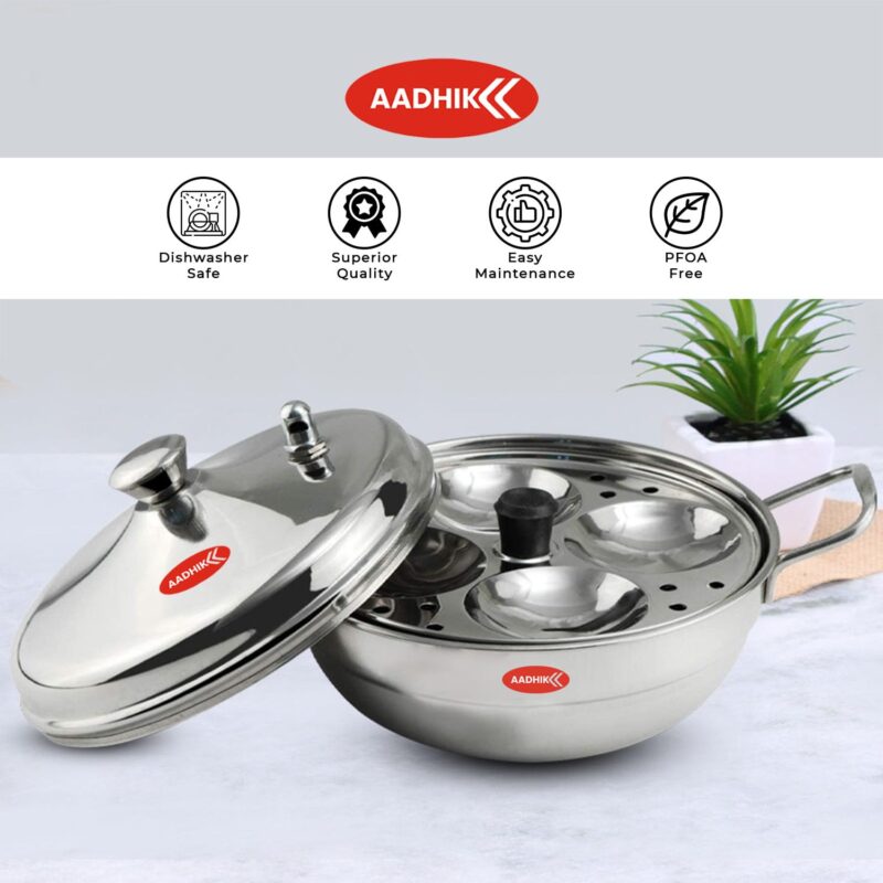 Aadhik Stainless Steel Multi Purpose Kadai with Steel Lid, Idli Maker 2 Idli Plate 8 Cavity Idli Cooker Stainless Steel Idly Pot with Steamer, Silver - Image 2