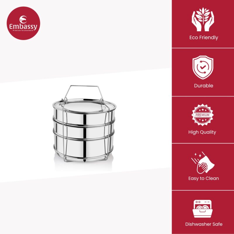 Embassy Stainless Steel Cooker Separator | Suitable for 5 Litres Prestige Popular and Popular Plus Outer Lid Pressure Cookers | 3 Containers With Lifter | Dimension 17x17x15 cm - Image 2