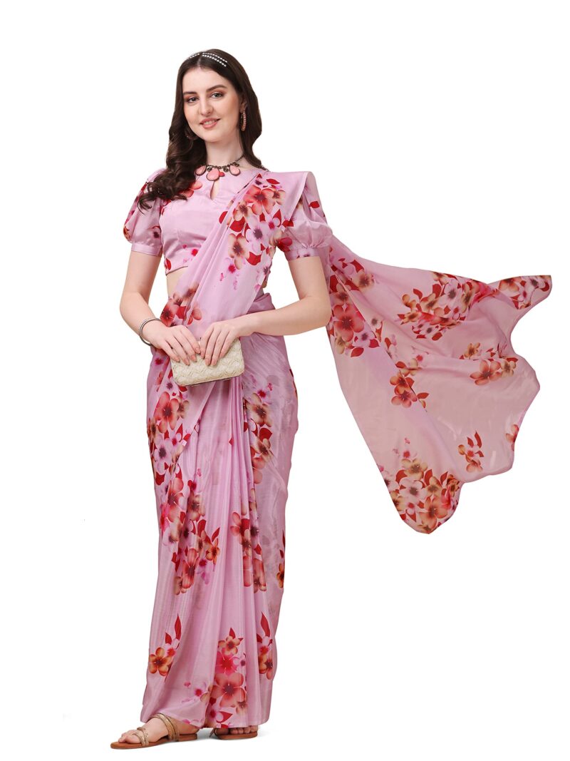 Sidhidata Women's Chifon Georgette Printed Ready To Wear Draped Saree With Unstitched Blouse Piece (Mogra Pink_Pink_Free Size)